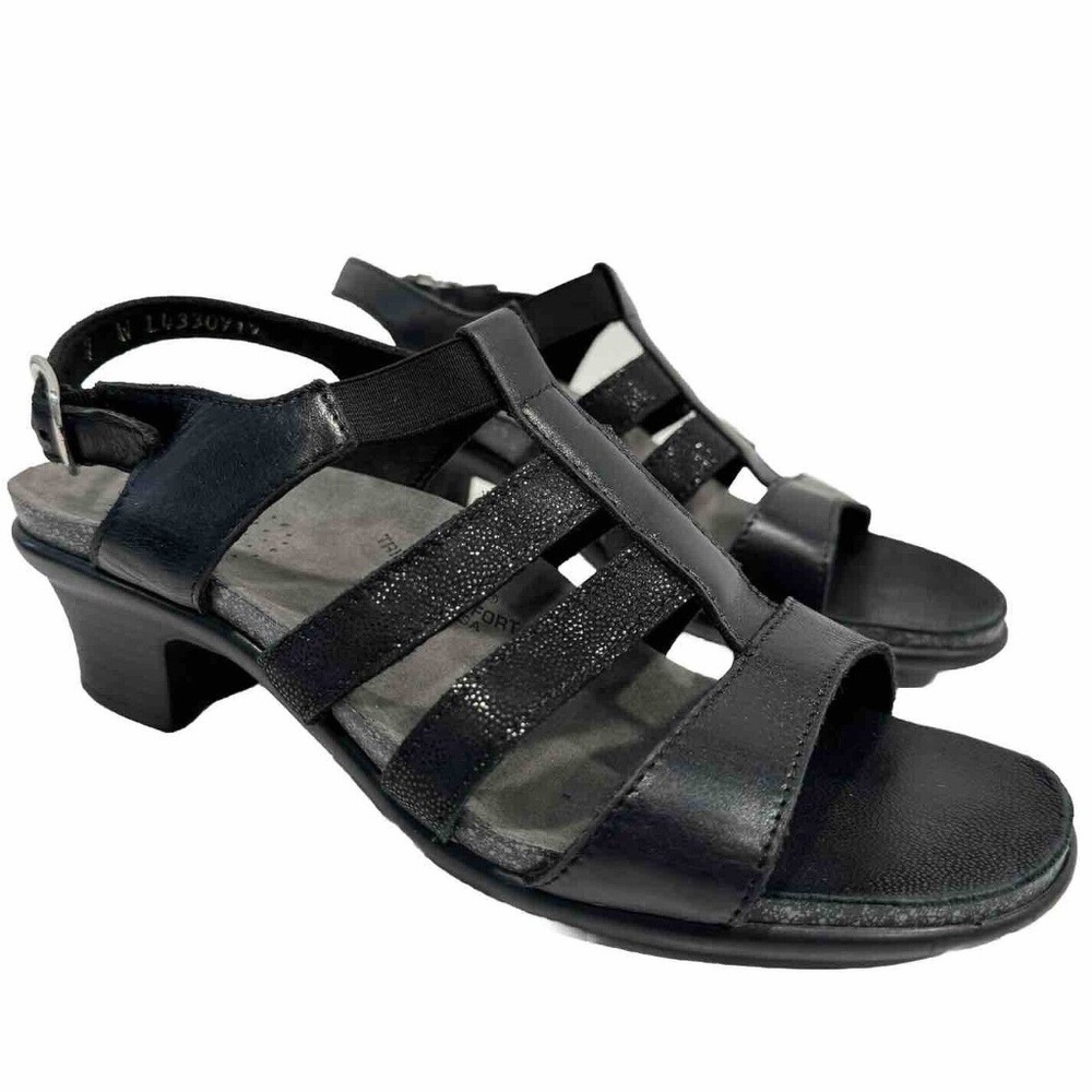 SAS Womens Allegro Sandals Strappy Black Shimmery Leather Heel Shoes Size 7 WIDE